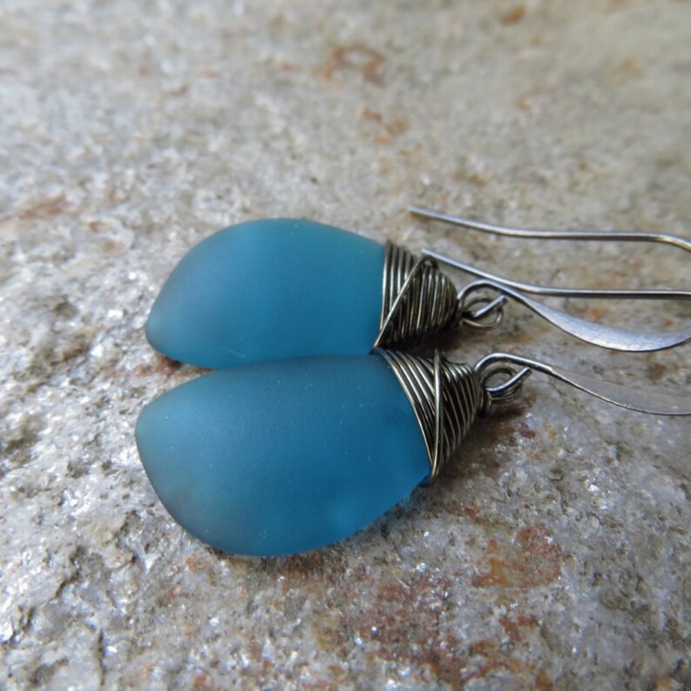 Cobalt Blue sea glass earrings wire wrapped with hematite colored wire